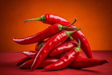 Stack of vibrant red chili peppers on a red surface with an orange gradient background