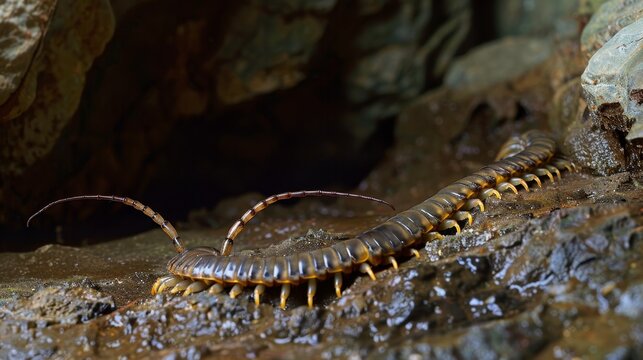Gigantic Centipede Crawling on Rocky Terrain in Natural Habitat