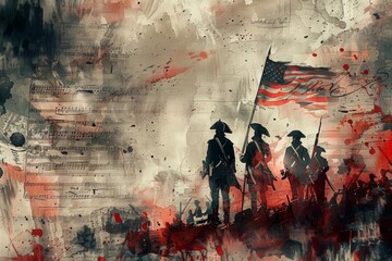 Silhouettes of revolutionary soldiers holding an American flag amidst an abstract, colorful background representing a historic battle scene.
