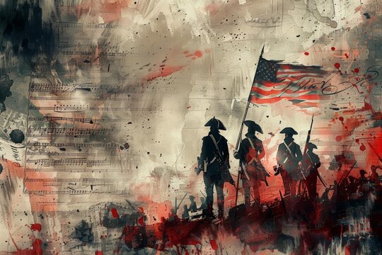 Silhouettes of revolutionary soldiers holding an American flag amidst an abstract, colorful background representing a historic battle scene.