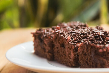 close up of homemade chocolate brownie cake with chocolate sprinkles topping