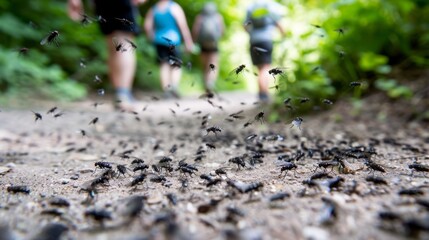 Obraz premium Close-up View of Swarming Flies on Hiking Trail with People in Background