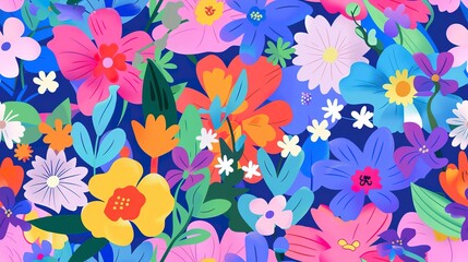 Joyful blooms flat design top view joyful theme animation vivid . Seamless Pattern, Fabric Pattern.