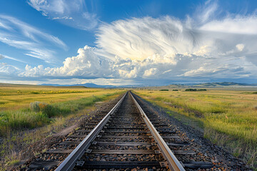 horizontal image of a railway crossing the countryside in a  sunny day, beautiful clouds at the horizon