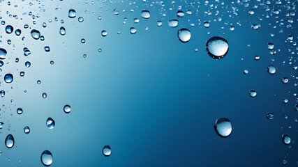 Blue background with natural water drops on glass, Generative AI