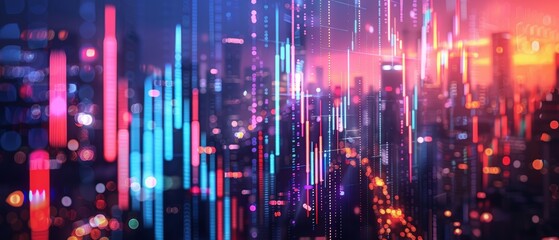 Fototapeta premium business chart overlaying cityscape, financial district, close up, vibrant colors, Double exposure silhouette with stock market graphs
