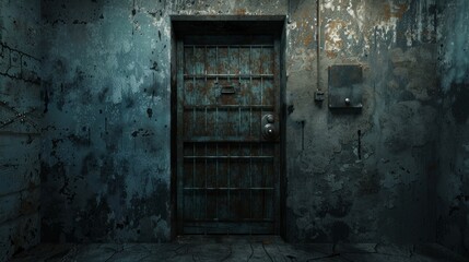 A view through the bars of the prisoner's cell doors, reveals a small room with a bed, small table, chair, and sink. The position of the observer is from the corridor outside the cell. Hallway
