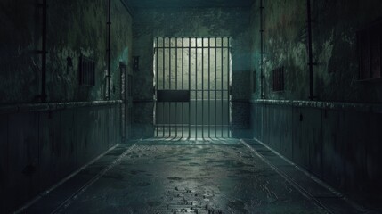 A view through the bars of the prisoner's cell doors, reveals a small room with a bed, small table, chair, and sink. The position of the observer is from the corridor outside the cell. Hallway