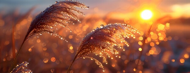 Obraz premium A close-up of nature marsh reeds with water droplets glistening in the early morning light
