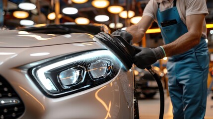 Obraz premium A hand polishing of professional car service man, worker with orbital polisher polishing white luxury car