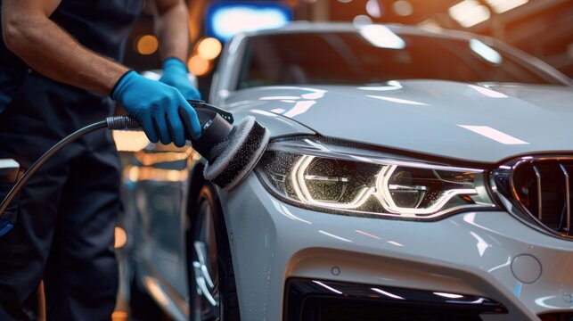 A hand polishing of professional car service man, worker with orbital polisher polishing white luxury car