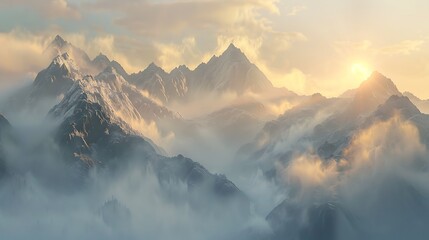 Misty mountains at dawn with soft sunlight filtering through. - Powered by Adobe