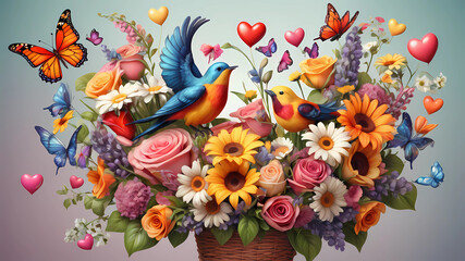 Obraz premium a vitamin bouquet, with flowers butterflies, hearts, love and colorful birds