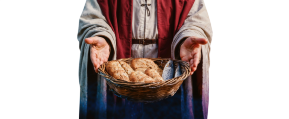 Jesus Christ miracle concept. Jesus multiplying the 5 loaves of bread and 2 fish. The Feeding of the Five Thousand. Isolated transparent PNG background.
