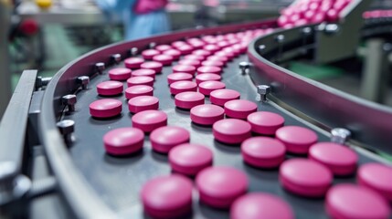 A Pink Pills During Production and Packing Process on Modern Pharmaceutical Factory.