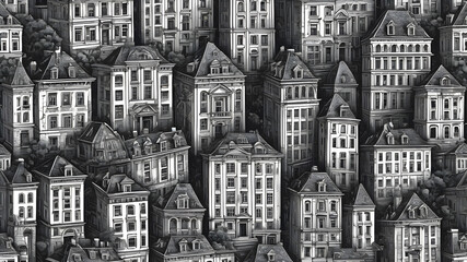 City Seamless Pattern is hand drawing of different building typologies. Illustration is in eps8 vector mode, black fill is on separate layer. Generative AI