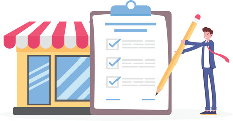 business license concept. a businessman signs a document. give or write a signature. permission letter to open a new business. terms, conditions and legality. illustration concept design
