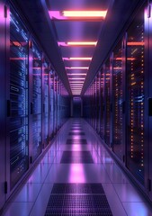 Fototapeta premium Modern Server Room With Purple And Pink Lighting