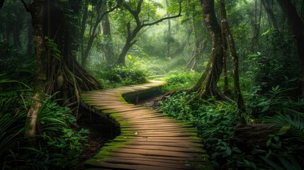 Obraz premium A wooden path going through a dense green forest, covered with green moss.