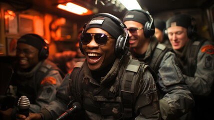 An enthusiastic young soldier wearing sunglasses and a beanie sings merrily with his comrades during a relaxed moment in a some form of transportation