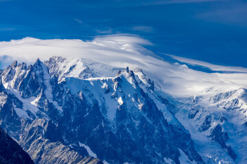 Obraz premium Chamonix Montblanc beautiful alpine mountain summits landscape. Alps mountains with snow and glacier above green valley of Chamonix in France. Alps beautiful scenery in summer