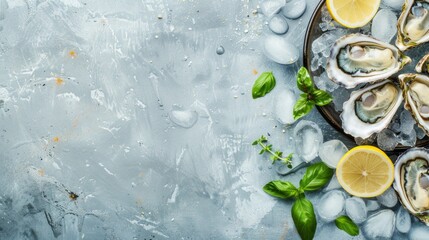 A plate of oysters with lemon slices and basil leaves