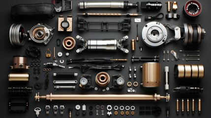 Photo of a variety of automotive parts meticulously organized against a dark background