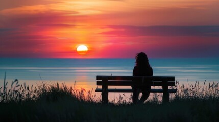 Obraz premium Silhouette of a woman sitting sunset over the ocean