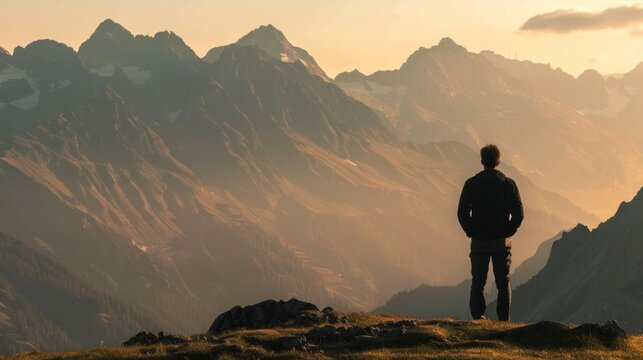 Silhouette of a man looking at a high mountain range