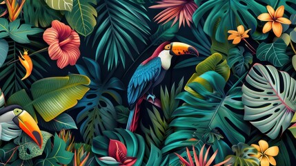 Macaw and toucan birds on background botanical garden flower illustration green leaves nature design.