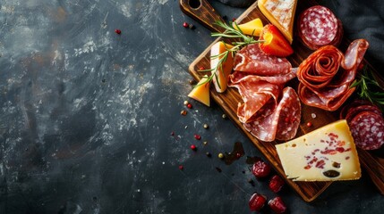 A wooden cutting board with a variety of meats and cheeses on it