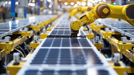 Fototapeta premium A factory with white robot arms assembling solar panels.