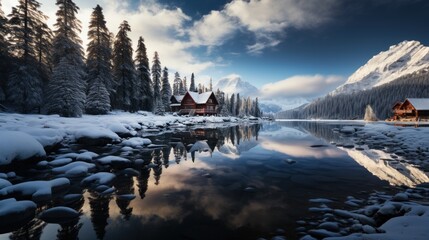 A serene winter scene with snow-covered cabins reflecting in the still lake waters, surrounded by snow-draped conifers