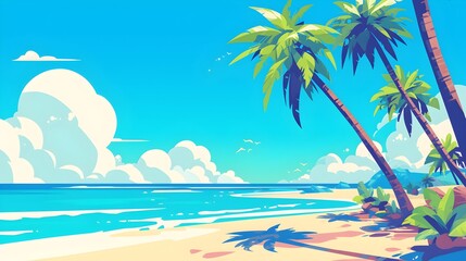 Palm-fringed beach under clear blue skies