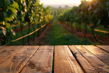 A wooden table top with blur background of vineyard