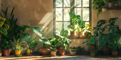Sunlit Indoor Garden with Various Potted Plants