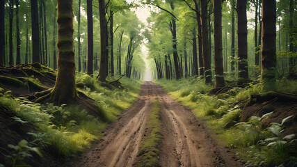 Obraz premium Dirt road through the forest, wide angle, top view. Generative AI
