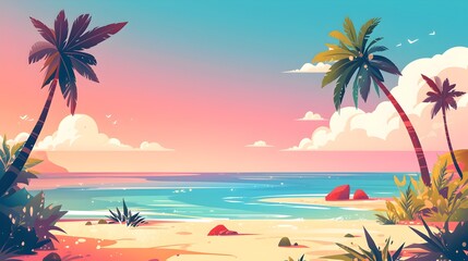 Obraz premium Palm-fringed beach under clear blue skies