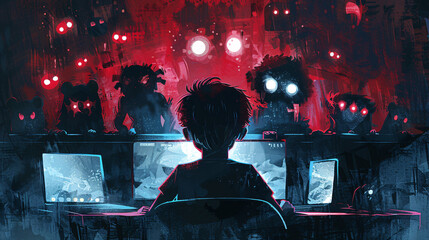 Young person with gambling addiction and monster on the background , Problem Gambling Awareness.