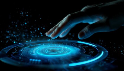 Obraz premium A hand is touching a blue circle with a lot of dots on it by AI generated image
