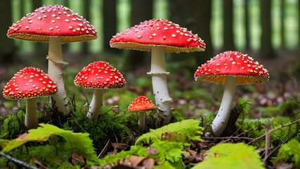 Fly agaric mushrooms in beech woodland, Generative AI