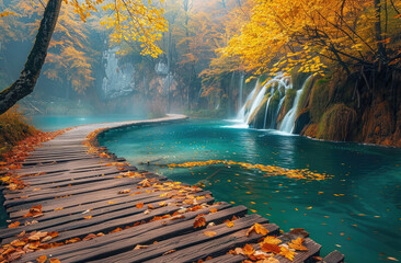 Photo of Plitvice National Park in Croatia, showing autumn colors, a waterfall and wooden boardwalks in the style of the park.