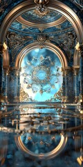 ornate golden and blue fantasy palace with a large stained glass window