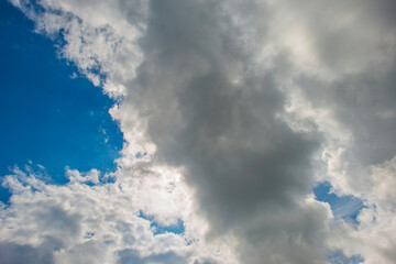 Dark and white clouds in a blue sky sky, Almere, Flevoland, The Netherlands, May 30, 2024