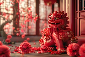Obraz premium A red lion statue sits in a traditional Chinese courtyard.