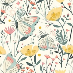 Whimsical Botanical Garden with Butterflies and Daisies Pattern