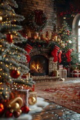 Fototapeta premium Christmas tree by the fireplace
