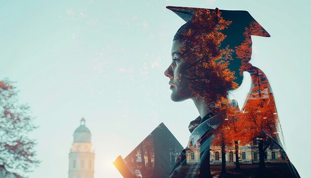 A double exposure image of a student holding a diploma, with a university campus superimposed in the background.