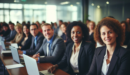 Group of business people at seminar, official meeting, people in business suits listening to speech