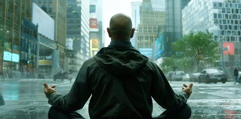 A bald man in a black hoodie sitting cross-legged meditating on the streets of New York, heavy rain falling down his back, buildings and cars visible